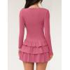 ZESICA Womens Long Sleeve Bodycon Mini Dress Ribbed Knit Crew Neck Ruffle Tiered Flowy Cocktail Party Dresses(Pink)