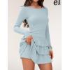 ZESICA Womens Long Sleeve Bodycon Mini Dress Ribbed Knit Crew Neck Ruffle Tiered Flowy Cocktail Party Dresses(Sky)