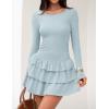 ZESICA Womens Long Sleeve Bodycon Mini Dress Ribbed Knit Crew Neck Ruffle Tiered Flowy Cocktail Party Dresses(Sky)