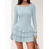 ZESICA Womens Long Sleeve Bodycon Mini Dress Ribbed Knit Crew Neck Ruffle Tiered Flowy Cocktail Party Dresses(Sky)
