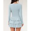 ZESICA Womens Long Sleeve Bodycon Mini Dress Ribbed Knit Crew Neck Ruffle Tiered Flowy Cocktail Party Dresses(Sky)