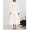 ZESICA Women’s Long Sleeve Midi Dresses 2026 Fall Square Neck Swing A Line Wedding Guest Evening Prom Dress(White)