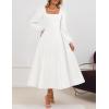 ZESICA Women’s Long Sleeve Midi Dresses 2026 Fall Square Neck Swing A Line Wedding Guest Evening Prom Dress(White)
