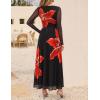 ZESICA Women’s Maxi Dress 2026 Spring Long Sleeve Crewneck Floral Print Mesh Ruched Party Wedding Guest Dresses(Black)