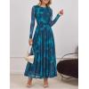 ZESICA Women’s Maxi Dress 2026 Spring Long Sleeve Crewneck Floral Print Mesh Ruched Party Wedding Guest Dresses(Blue)