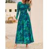 ZESICA Women’s Maxi Dress 2026 Spring Long Sleeve Crewneck Floral Print Mesh Ruched Party Wedding Guest Dresses(Green)