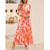 ZESICA Women’s Maxi Dress 2026 Spring Long Sleeve Crewneck Floral Print Mesh Ruched Party Wedding Guest Dresses(Orange)