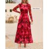 ZESICA Women’s Maxi Dress 2026 Spring Long Sleeve Crewneck Floral Print Mesh Ruched Party Wedding Guest Dresses(Red)