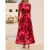ZESICA Women’s Maxi Dress 2026 Spring Long Sleeve Crewneck Floral Print Mesh Ruched Party Wedding Guest Dresses(Red)