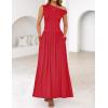 ZESICA Women’s Summer 2026 Sleeveless Maxi Dress One Shoulder Casual Slim Swing Pleated Formal Dresses with Pockets(Red)