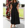 ZESICA Women’s Summer Boho Floral Midi Dress 2026 Casual Flutter Short Sleeve Crewneck Smocked Flowy Beach Long Dresses(Black)