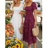 ZESICA Women‘s Summer Boho Floral Midi Dress 2026 Casual Short Sleeve Square Neck Flowy Beach Vacation Long Dress(Wine)
