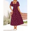 ZESICA Women‘s Summer Boho Floral Midi Dress 2026 Casual Short Sleeve Square Neck Flowy Beach Vacation Long Dress(Wine)