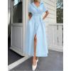 ZESICA Women’s Summer Button Down Midi Dress 2026 Short Sleeve A Line Belt Buiness Casual Shirt Dresses with Pockets(Lightblue)