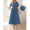 ZESICA Women’s Summer Button Down Midi Dress 2026 Short Sleeve A Line Belt Buiness Casual Shirt Dresses with Pockets(Navy)