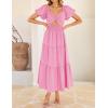 ZESICA Womens Summer Casual Flowy Vacation Maxi Dress 2026 Short Puff Sleeve A Line Smocked Cutout Beach Party Dresses(Hot Pink)