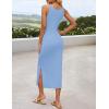 ZESICA Women’s Summer Knit Bodycon Midi Dress 2026 Sleeveless Floral Crewneck Color Block Long Beach Party Dresses(Blue)