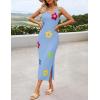 ZESICA Women’s Summer Knit Bodycon Midi Dress 2026 Sleeveless Floral Crewneck Color Block Long Beach Party Dresses(Blue)