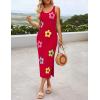 ZESICA Women’s Summer Knit Bodycon Midi Dress 2026 Sleeveless Floral Crewneck Color Block Long Beach Party Dresses(Red)