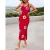 ZESICA Women’s Summer Knit Bodycon Midi Dress 2026 Sleeveless Floral Crewneck Color Block Long Beach Party Dresses(Red)