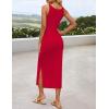 ZESICA Women’s Summer Knit Bodycon Midi Dress 2026 Sleeveless Floral Crewneck Color Block Long Beach Party Dresses(Red)