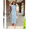 ZESICA Women’s Summer Short Sleeve Bodycon Midi Dresses 2026 Casual Crewneck Knit Wrap Tie Waist T Shirt Long Dress(Blue)