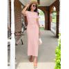 ZESICA Women’s Summer Short Sleeve Bodycon Midi Dresses 2026 Casual Crewneck Knit Wrap Tie Waist T Shirt Long Dress(Dusty Pink)