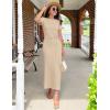 ZESICA Women’s Summer Short Sleeve Bodycon Midi Dresses 2026 Casual Crewneck Knit Wrap Tie Waist T Shirt Long Dress(Khaki)