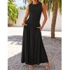ZESICA Women’s Summer Sleeveless Maxi Dress 2026 Casual Crewneck Pleated Flowy Long Dress with Pockets(Black)