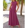 ZESICA Women’s Summer Sleeveless Maxi Dress 2026 Casual Crewneck Pleated Flowy Long Dress with Pockets(Plum)