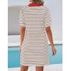 ZESICA Womens Summer Striped T Shirt Mini Dresses 2026 Casual Lapel V Neck Short Sleeve Flowy A Line Beach Vacation Dress(Khaki)