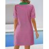 ZESICA Womens Summer Striped T Shirt Mini Dresses 2026 Casual Lapel V Neck Short Sleeve Flowy A Line Beach Vacation Dress(Rose)