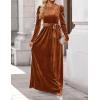 ZESICA Women’s Velvet Maxi Dress Fall 2026 Long Puff Sleeve Crew Neck Elastic High Waist Cocktail Party Bridesmaid Dresses(Caramel)