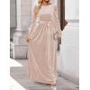 ZESICA Women’s Velvet Maxi Dress Fall 2026 Long Puff Sleeve Crew Neck Elastic High Waist Cocktail Party Bridesmaid Dresses(Champagne)
