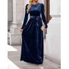 ZESICA Women’s Velvet Maxi Dress Fall 2026 Long Puff Sleeve Crew Neck Elastic High Waist Cocktail Party Bridesmaid Dresses(Navy)