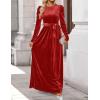 ZESICA Women’s Velvet Maxi Dress Fall 2026 Long Puff Sleeve Crew Neck Elastic High Waist Cocktail Party Bridesmaid Dresses(Ponceau)