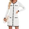 ZESICA Fall Dresses for Women 2026 Long Sleeve Button Color Block Knit Bodycon Short Sweater Dresses with Pockets(White)