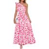 ZESICA Women’s 2026 Boho Floral Sleeveless Maxi Dress Ruffle One Shoulder Elatsic High Waist Beach Party Long Dresses(Hot Pink)