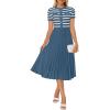 ZESICA Women’s 2026 Casual Striped Midi Dress Crewneck Short Sleeve Button Ribbed Knit Swing Pleated A Line Dresses(Dusty Blue)