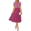ZESICA Women’s 2026 Casual Striped Midi Dress Crewneck Short Sleeve Button Ribbed Knit Swing Pleated A Line Dresses(Plum)