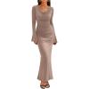 ZESICA Women’s 2026 Fall Long Sleeve Ruched Knit Bodycon Maxi Dress Cowl Neck Back Slit Formal Wedding Guest Cocktail Dresses(Khaki)