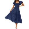 imageZESICA Womens 2026 Summer Square Neck Short Puff Sleeve Solid Color High Waist Casual Smocked Flowy A Line Tiered Midi DressNavy