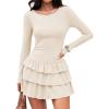 ZESICA Womens Long Sleeve Bodycon Mini Dress Ribbed Knit Crew Neck Ruffle Tiered Flowy Cocktail Party Dresses(Apricot)