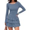 ZESICA Womens Long Sleeve Bodycon Mini Dress Ribbed Knit Crew Neck Ruffle Tiered Flowy Cocktail Party Dresses(Dustyblue)