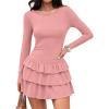 ZESICA Womens Long Sleeve Bodycon Mini Dress Ribbed Knit Crew Neck Ruffle Tiered Flowy Cocktail Party Dresses(Lightpink)
