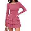 ZESICA Womens Long Sleeve Bodycon Mini Dress Ribbed Knit Crew Neck Ruffle Tiered Flowy Cocktail Party Dresses(Pink)