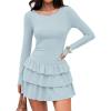 ZESICA Womens Long Sleeve Bodycon Mini Dress Ribbed Knit Crew Neck Ruffle Tiered Flowy Cocktail Party Dresses(Sky)
