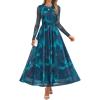 ZESICA Women’s Maxi Dress 2026 Spring Long Sleeve Crewneck Floral Print Mesh Ruched Party Wedding Guest Dresses(Blue)