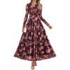 ZESICA Women’s Maxi Dress 2026 Spring Long Sleeve Crewneck Floral Print Mesh Ruched Party Wedding Guest Dresses(Coffee)