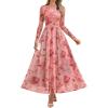 ZESICA Women’s Maxi Dress 2026 Spring Long Sleeve Crewneck Floral Print Mesh Ruched Party Wedding Guest Dresses(Pink)